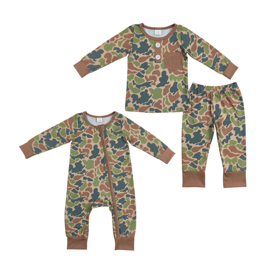 Baby Boys Brother Vintage Green Camo Long Sleeve Pajama Set and Romper