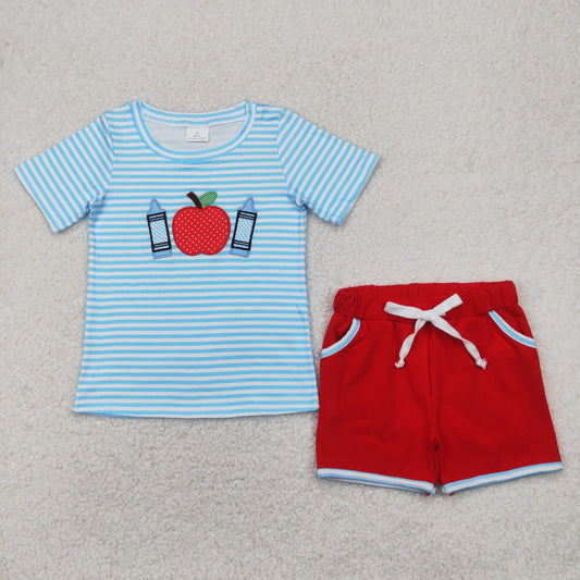 Baby Boys Blue Stripe Short Sleeves Apple Pencils Top Red Pockets Short Set