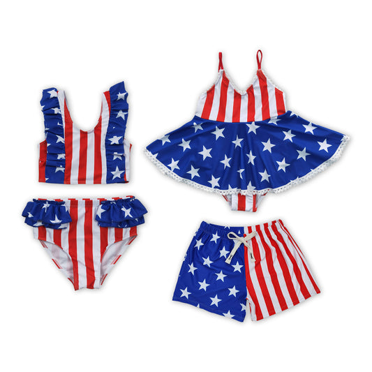 Sibling Baby Kids Blue Stars Red Stripe 4th Of July  Swimming Trunks Swimsuits