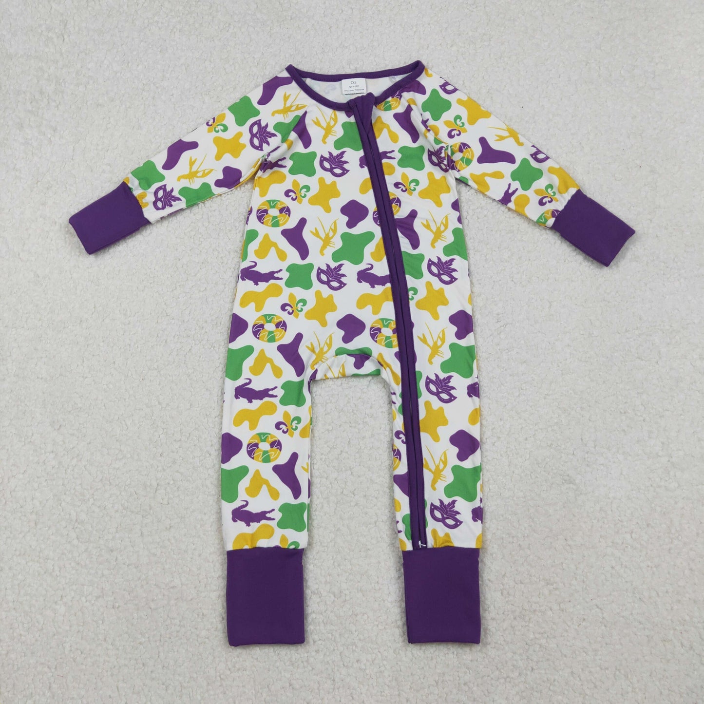 Baby Mardi Gras Camo Long Sleeve Zipper Romper