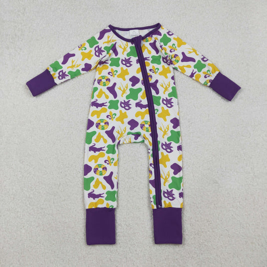 Baby Mardi Gras Camo Long Sleeve Zipper Romper
