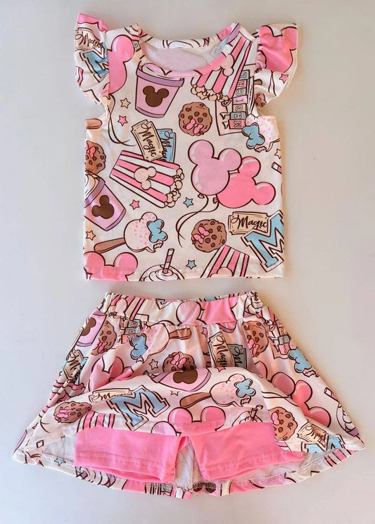 Preorder (moq 5)Baby Girls Pink Mouse Cartoon Top Skort Skirts Clothes Sets