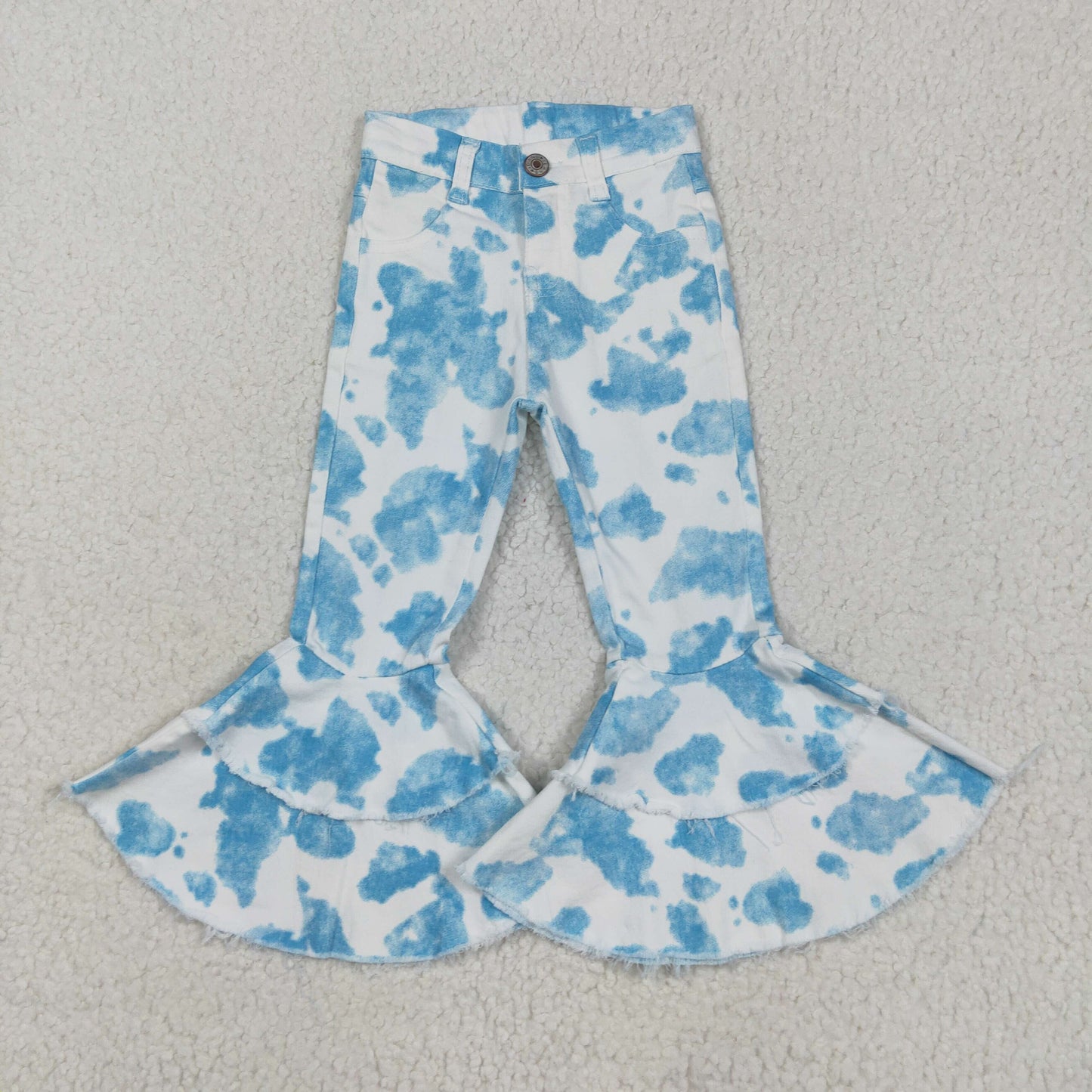 Baby Girls  Blue Cow Print Double Ruffle Flare Denim Pants