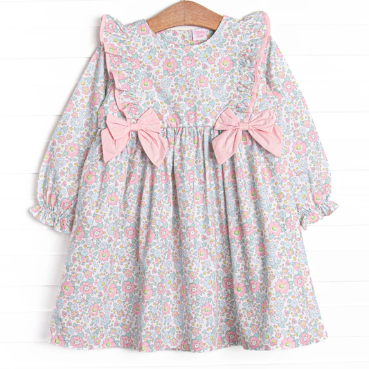 Preorder 5 MOQ Baby Girls Early Fall Florals Bow Long Sleeve Knee lenght Dress