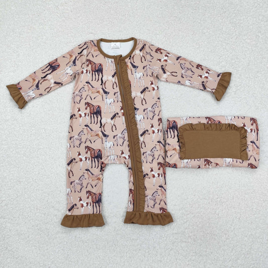 LR1771 Baby Girls Horse Long Sleeve Zip Romper