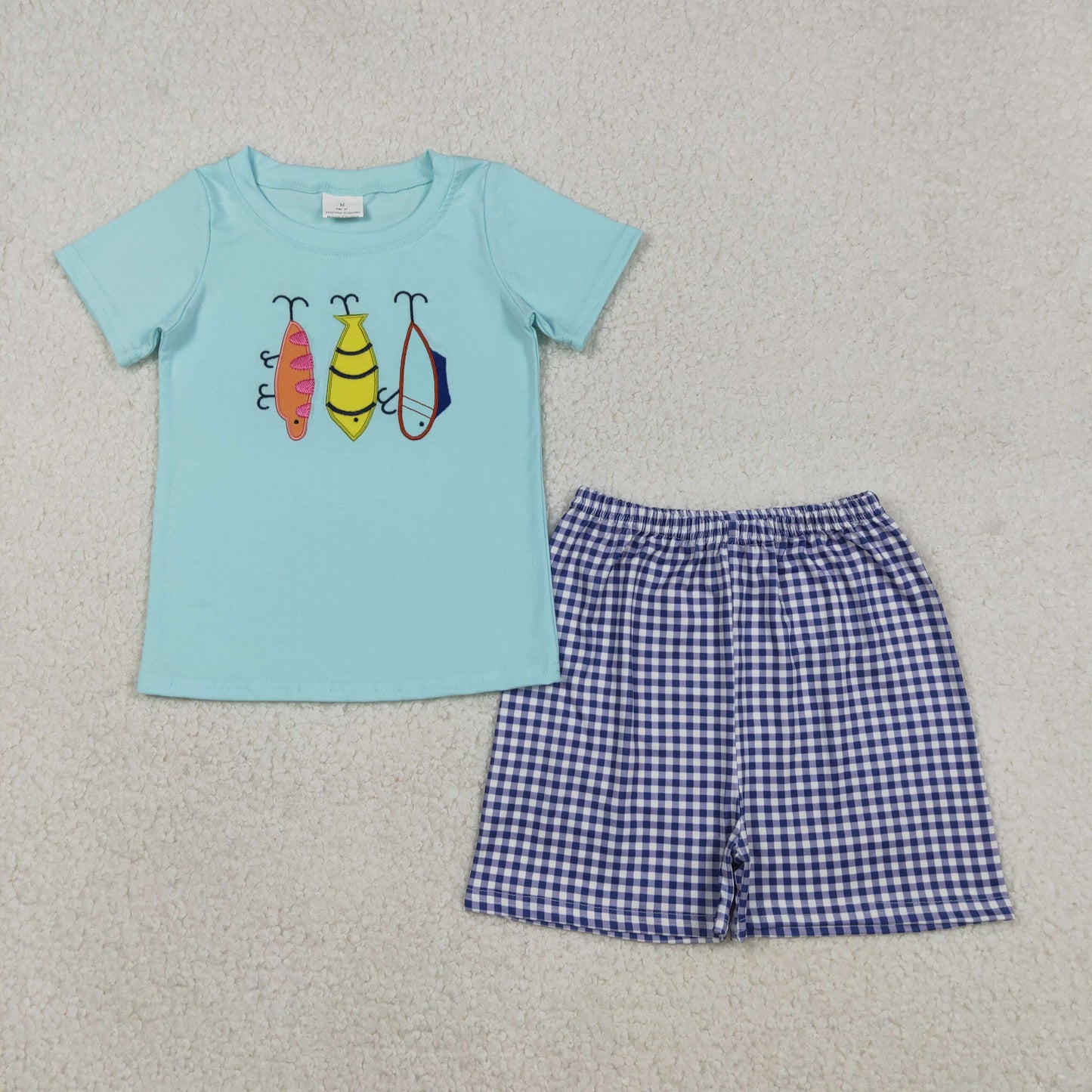 BSSO1628 Baby Boys Fishing Blue Top With Gingham Shorts Set