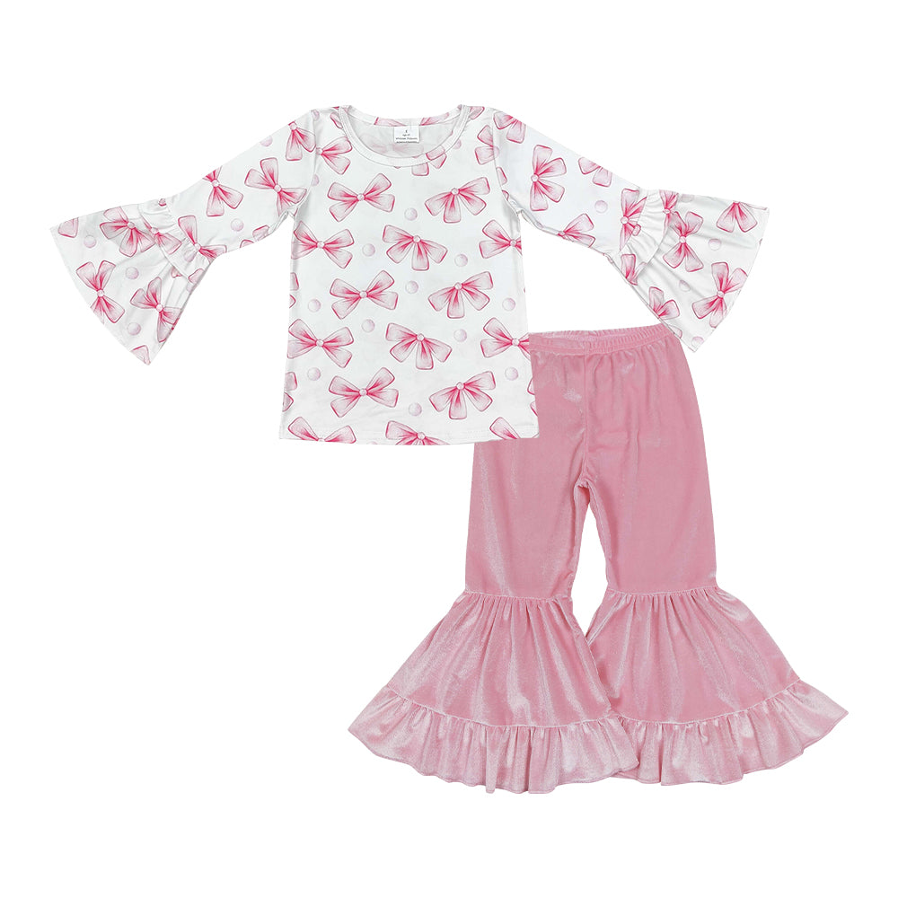 Baby Girls Bow  Top With Pink Velvet Pants Outfit