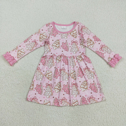 GLD1124 Baby Girls Christmas Tree Cake Pink Long Sleeve Dress