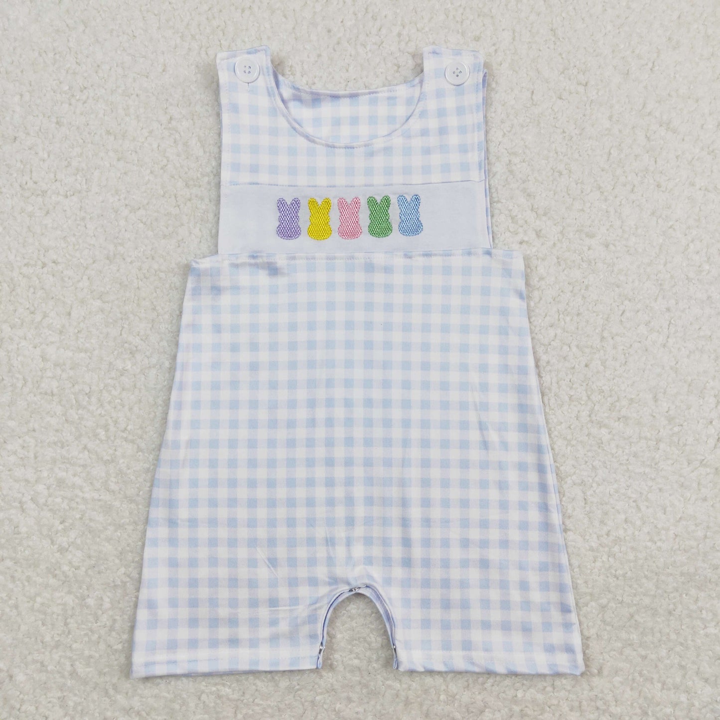 Baby Boys Blue Plaid Sleeveless Embroidery Bunny Easter Rompers