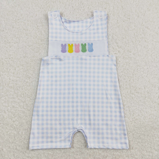 Baby Boys Blue Plaid Sleeveless Embroidery Bunny Easter Rompers