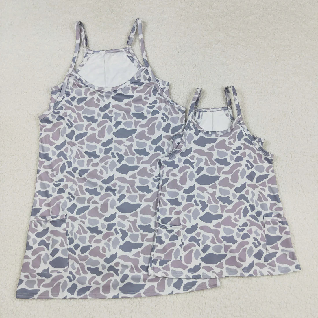 Mama And Me Strap Grey Camo Pockets Yoga Shorts Dresses