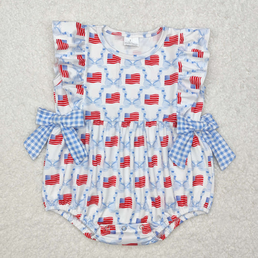 Baby Girls Flutter Sleeves Blue Plaid Bows Flags Print 4th Of July Romper