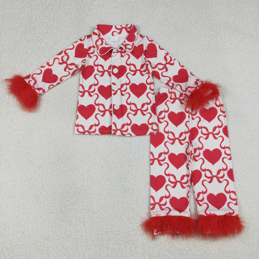 GLP3221 Baby Girls Red Trellis Bow Heart Pajama Set With Fur