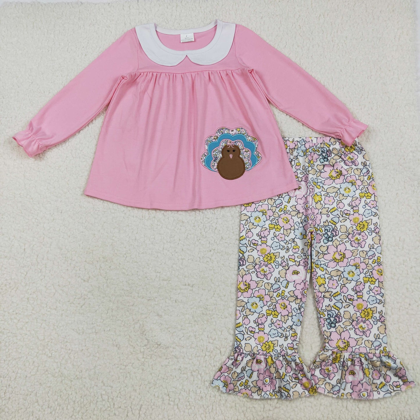 GLP2409 Kids Girls Thanksgiving Turkey Tunic Top Floral Ruffle Pants Outfit
