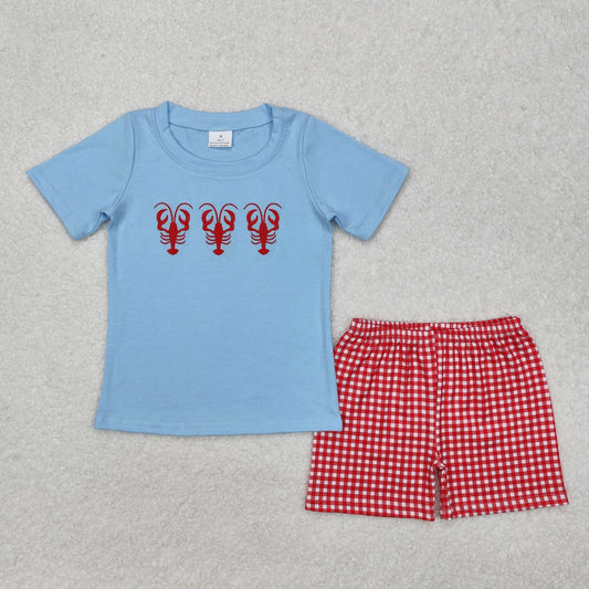 Baby Boys Embroidery Crayfishes Top Red Plaid Shorts Set