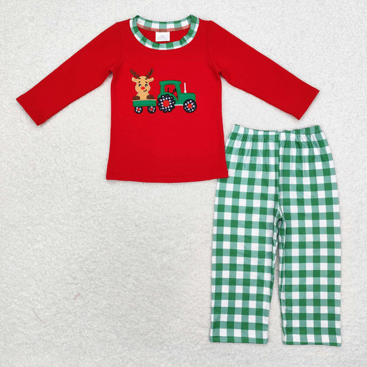 Toddler Boys Christmas Reindeer Truck Green Gingham Pants Outfit