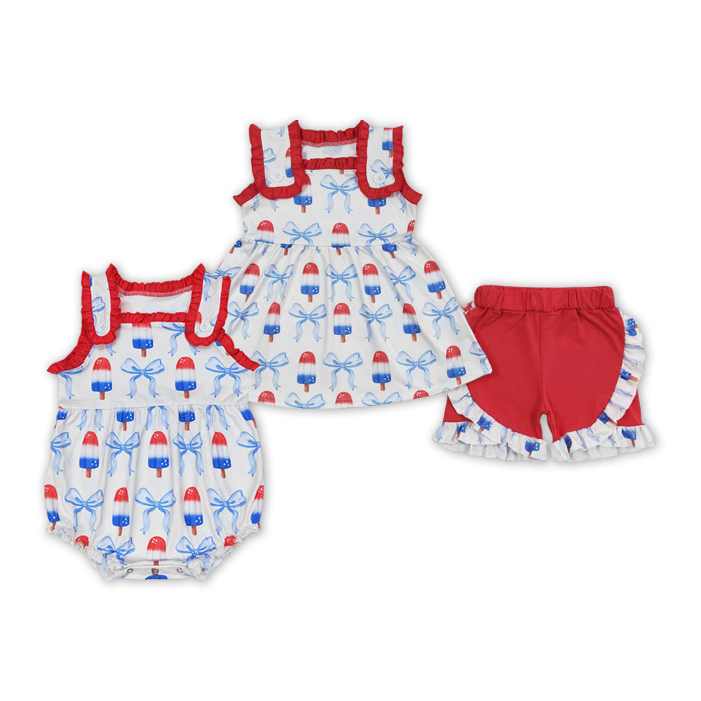 Baby Girls Sibling Patriotic Blue Red Popsicle Outfit and Romper