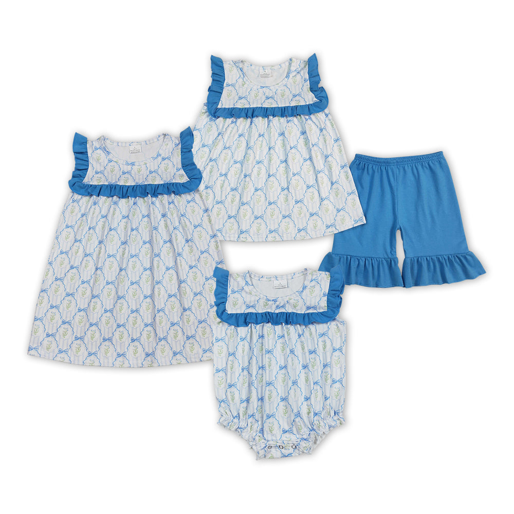 Sibling Baby Girls Blue Ruffle Sleeveless Bows Plaid Floral Dress Set And Romper