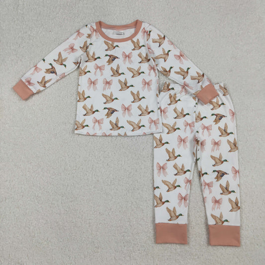 Kids Girls Mallard Duck Pink Bow Long Sleeve Pajama Set