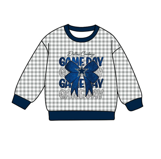 Preorder , 5 MOQ Baby Girls  Sport Team Cowboy Blue Bow Grey Gingham Long Sleeve Top