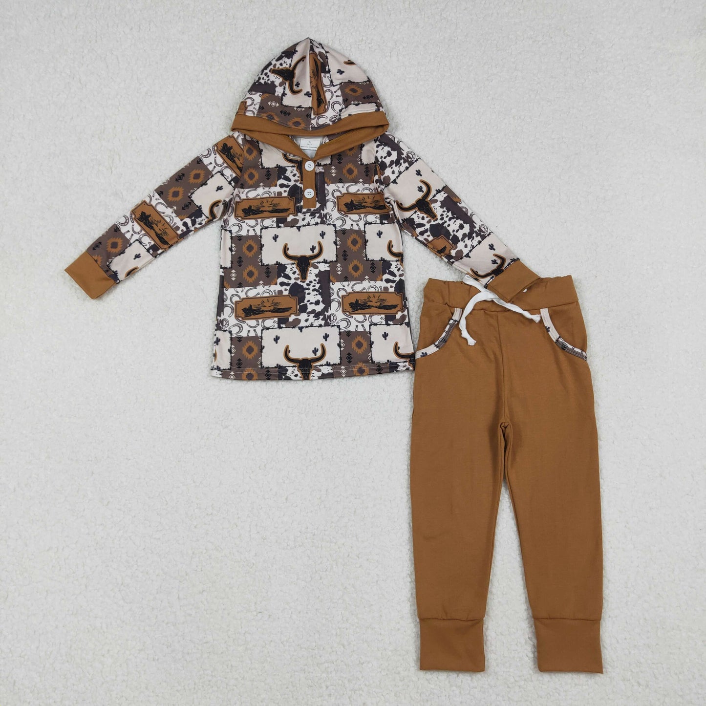 Sibling Baby Boys Western Bow Hooded Top Jogger Set /Romper