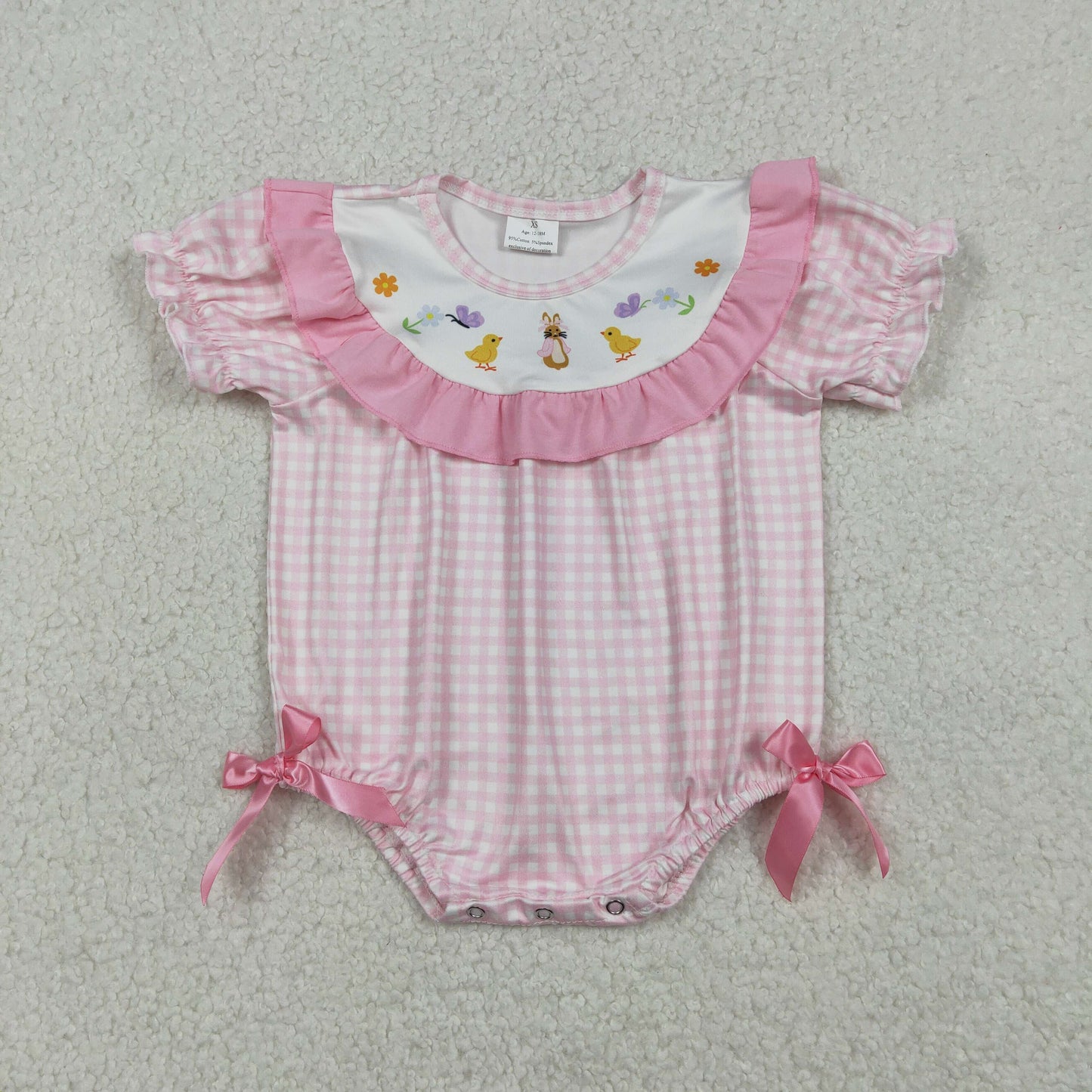 SR3565 Baby Girls Easter Chicken Rabbit Pink GIngham Romper