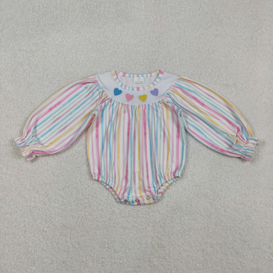 LR2695 Baby Girls Valentine's Day Colorful Strioped Heart Long Sleeve Bubble Romper