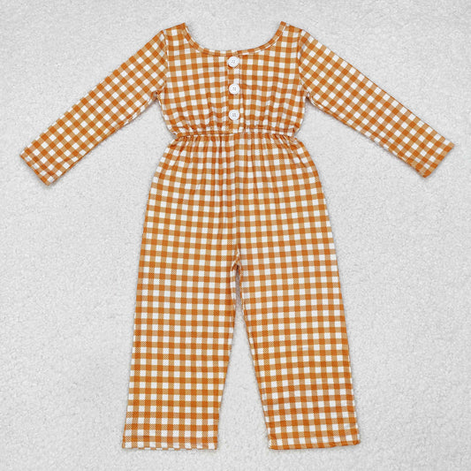 LR1840 Baby Girls Light Brown Gingham Jumpsuit