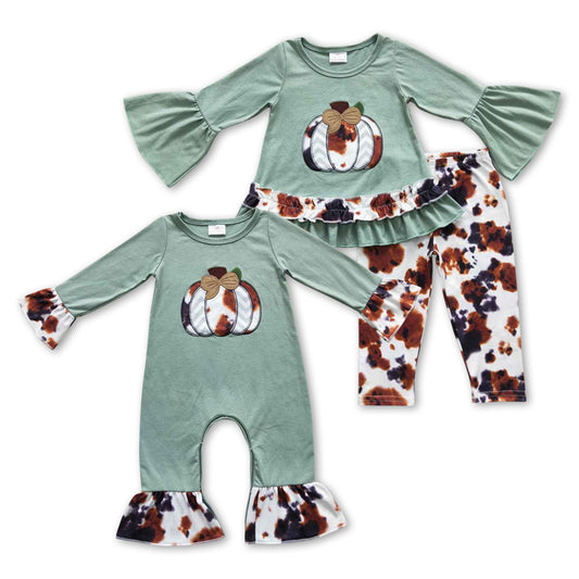 Baby Girls Sibling Sister Cow Print Pumpkin Outfit +Romper