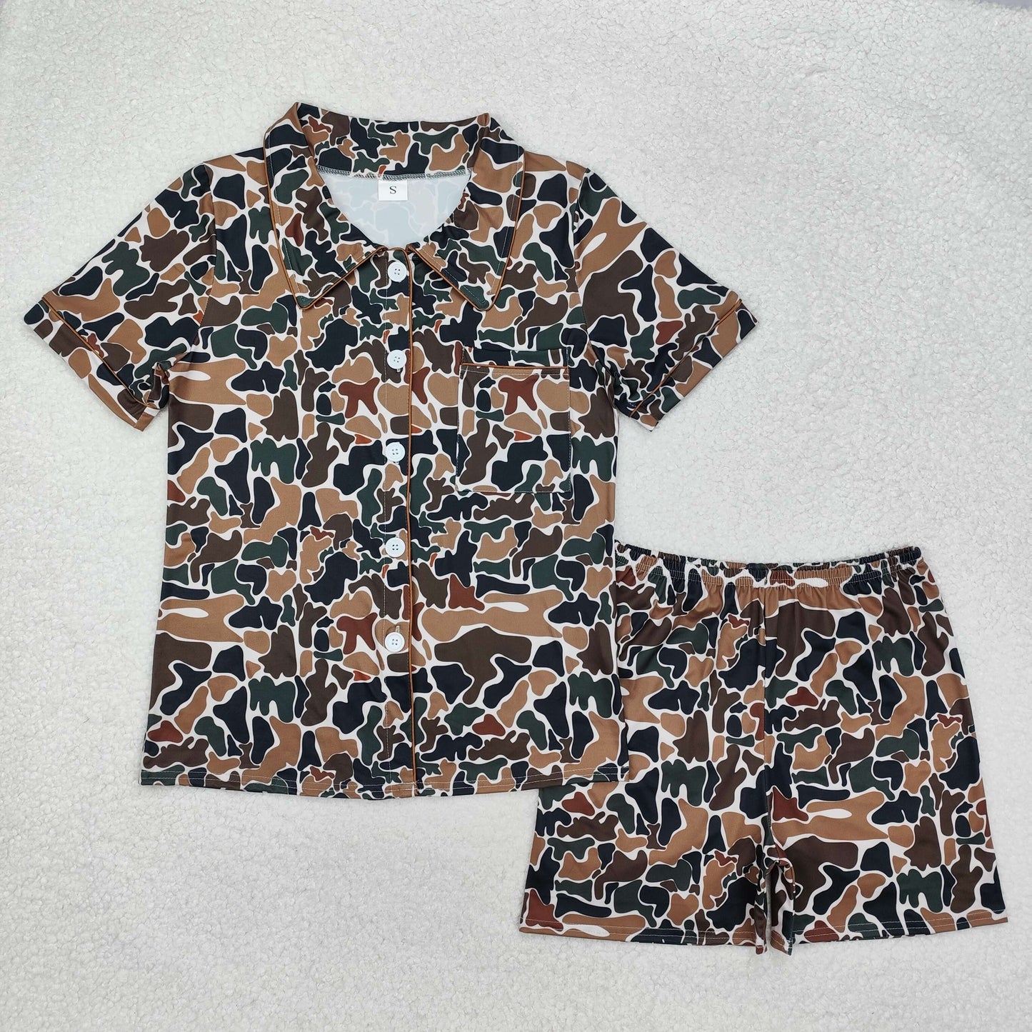 Adult Women Dark Camo Button Shorts Pajama Set