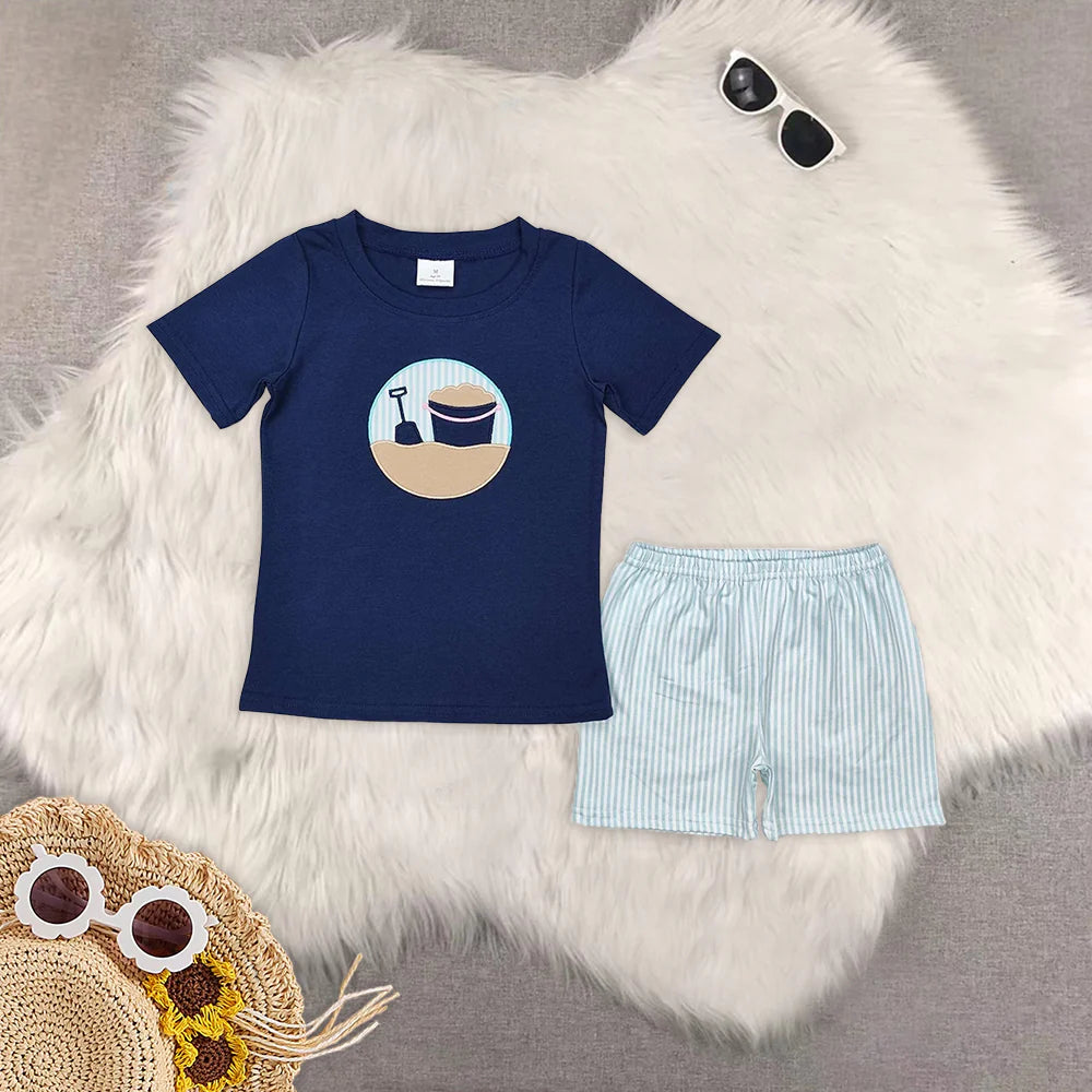 Toddler Summer Sibling Embroidery Beach Shorts Set