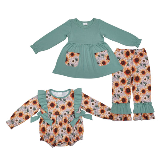 Baby Girls Sister Green Pockets Tunic Top Sunflowers Ruffle Pants Set Romper