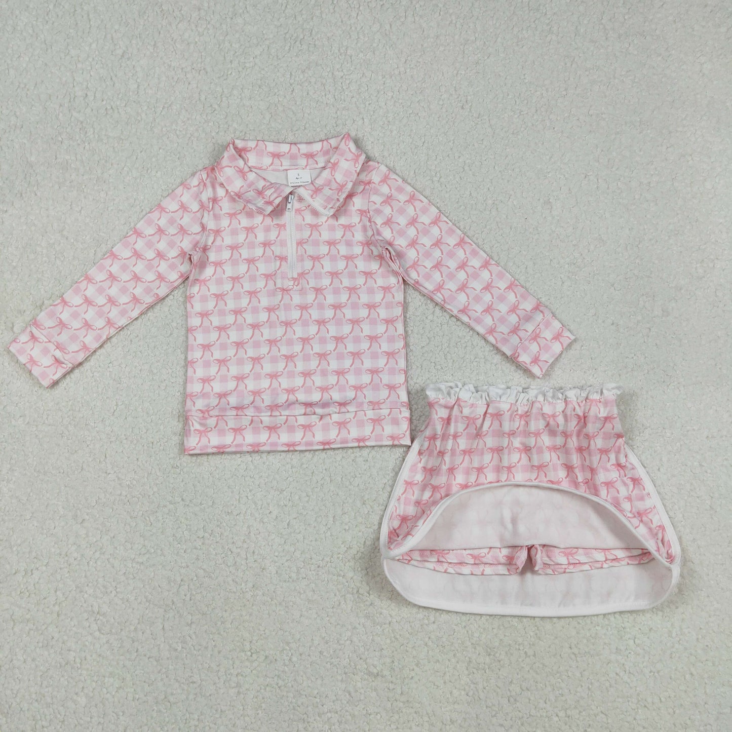 Baby Girls Long Sleeves Pink Bows Zipper Top Ruffle Skirts With Shorts Valentines Set