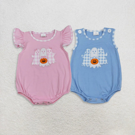 Sibling Baby Ghost Pumpkin Applique Bubble Romper For Halloween