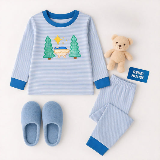 Preorder kids boys Nativity Story blue pajama set 5 moq