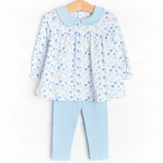 3 MOQ Baby Girls Blue Floral Tunic Top Blue Pants Outfit Pre-order