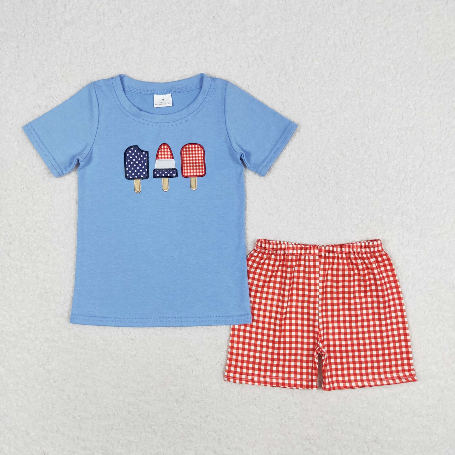 Sibling Baby Kids July 4th Embroidery Popsicle Top Red Plaid Shorts Sets