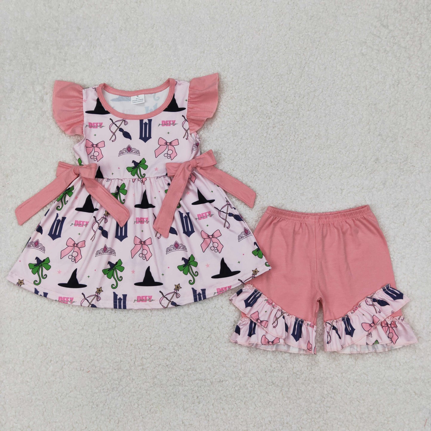 Baby Girls Pink Flutter Sleeves Bows Tunic Ruffle Short Valentines Set