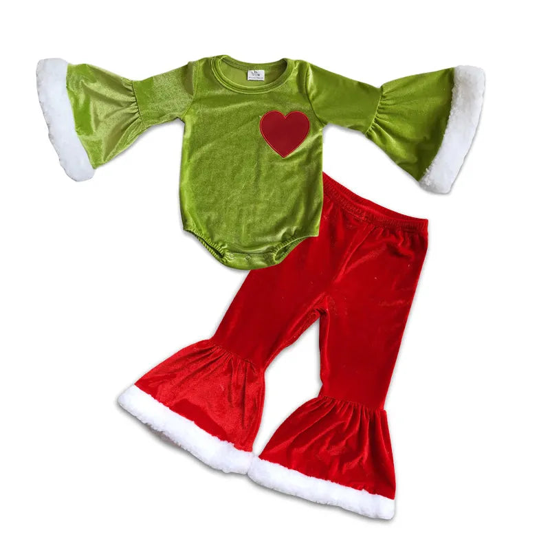 Bay Girls Christmas Outfit Heart Green Velvet Romper +Pants Set