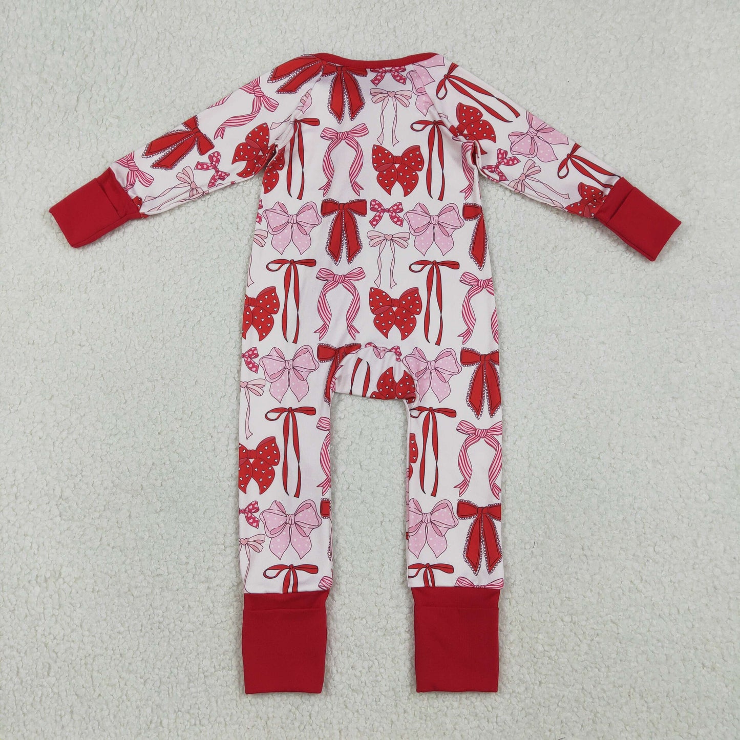 LR2780 Baby girls Valentine's Day Red Bow Long Sleeve Zipper Romper