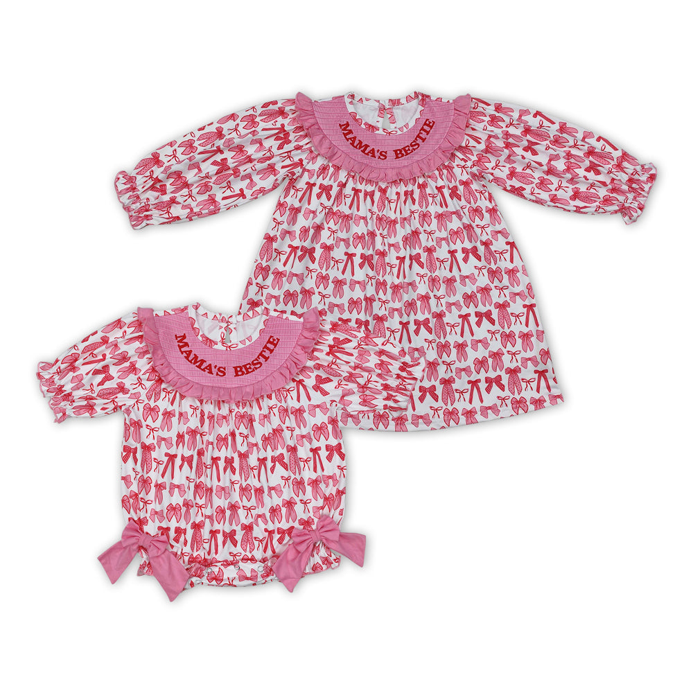 Sibling Baby Girls Pink Bows Embroidery MAMAS BESTIE Romper And Dress