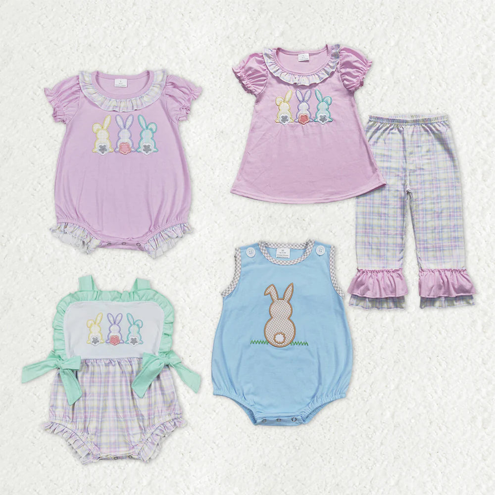 Sibling Baby Kids Embroidery Rabbits Ruffle Pants Easter Clothes Set Rompers