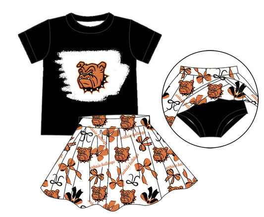 Preorder 5 MOQ Baby Girls Black Orange Dog Top Bummie Skorts Team Sets