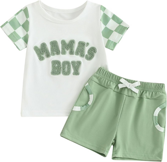 5 MOQ  Summer Mama's Boy Green Shorts Set