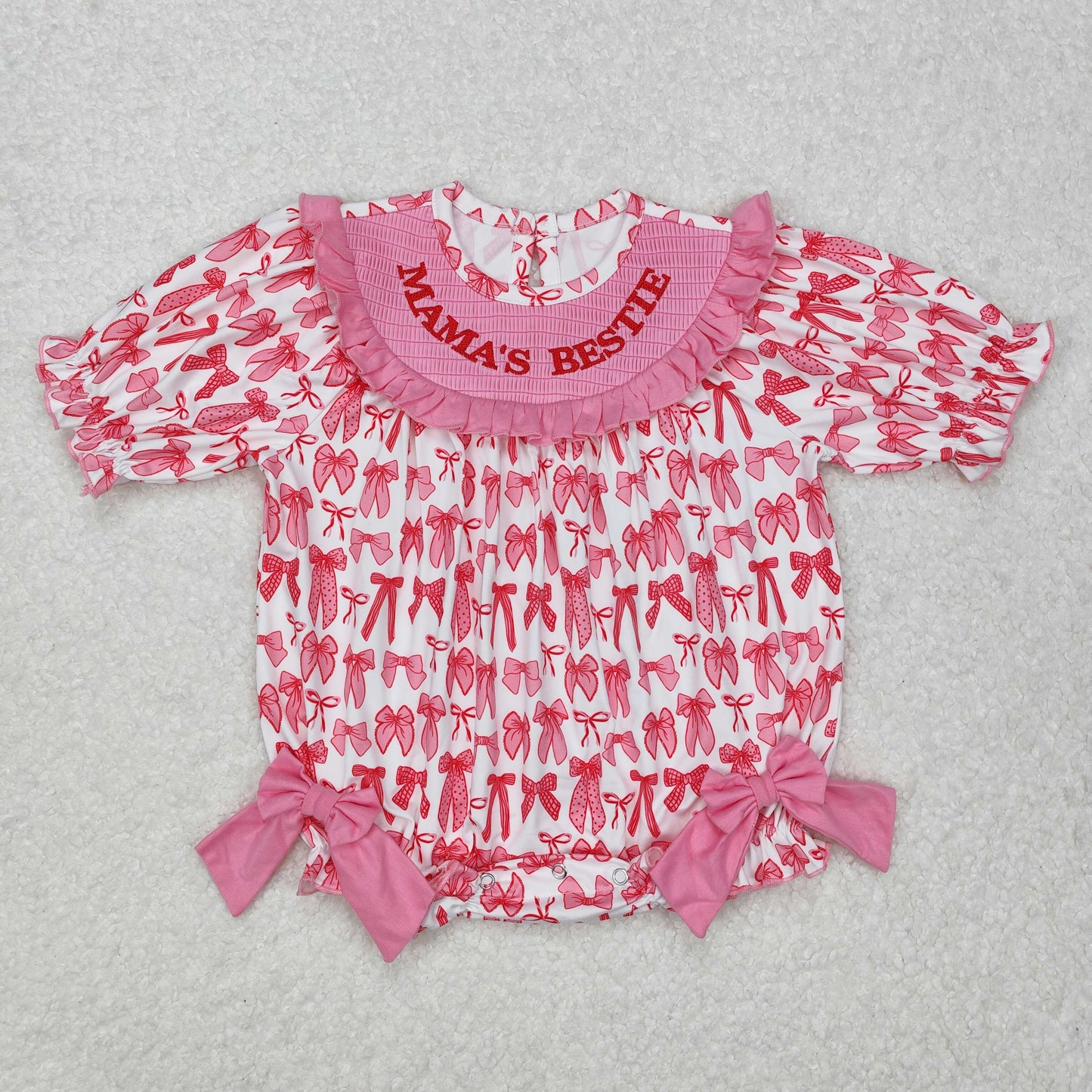 Baby Girls Pink Short Ruffle Sleeves Embroidery MAMAS BESTIE Bows Romper