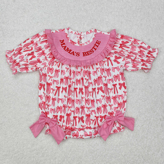 Baby Girls Pink Short Ruffle Sleeves Embroidery MAMAS BESTIE Bows Romper