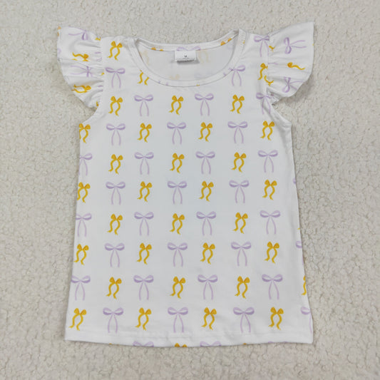 GT1147 Kids Girls Purple Yellow Bow Flutter Sleeve Shirt Top