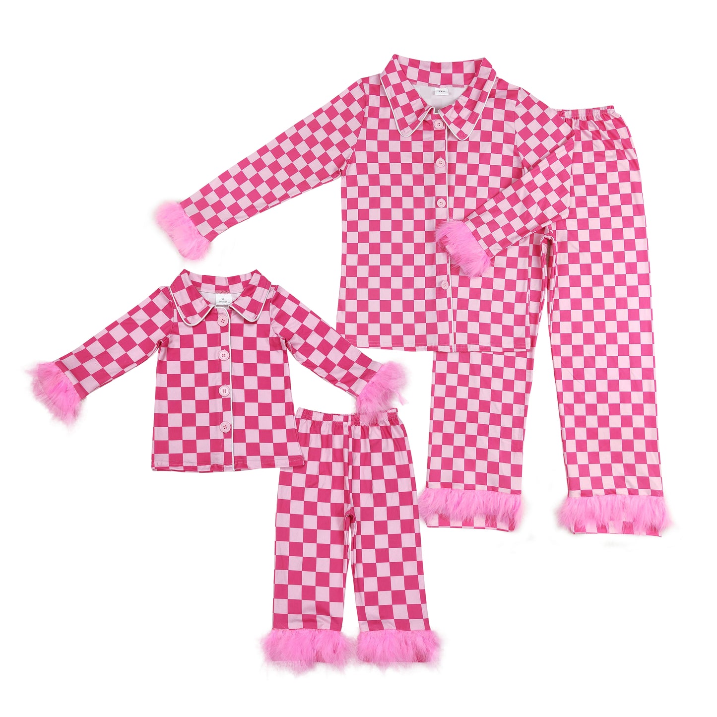 Mommy And Me Pink Checked Buttons Top Pants Fur Pajamas Clothes Sets