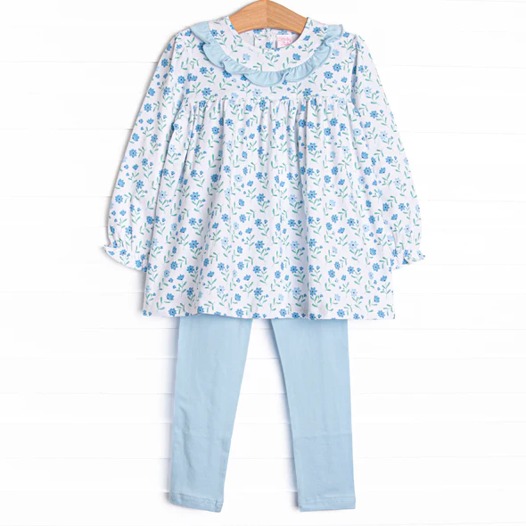 Preorder 5 MOQ Baby Girls Mae Magnolia Ruffle Tunic Top With Blue Legging Set