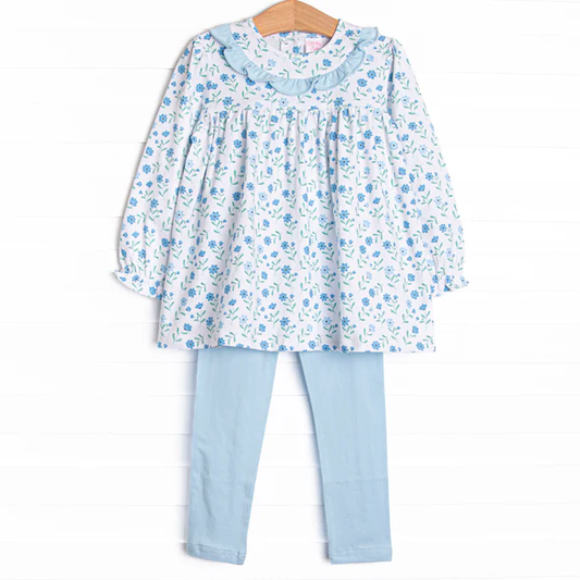 Preorder 5 MOQ Baby Girls Mae Magnolia Ruffle Tunic Top With Blue Legging Set